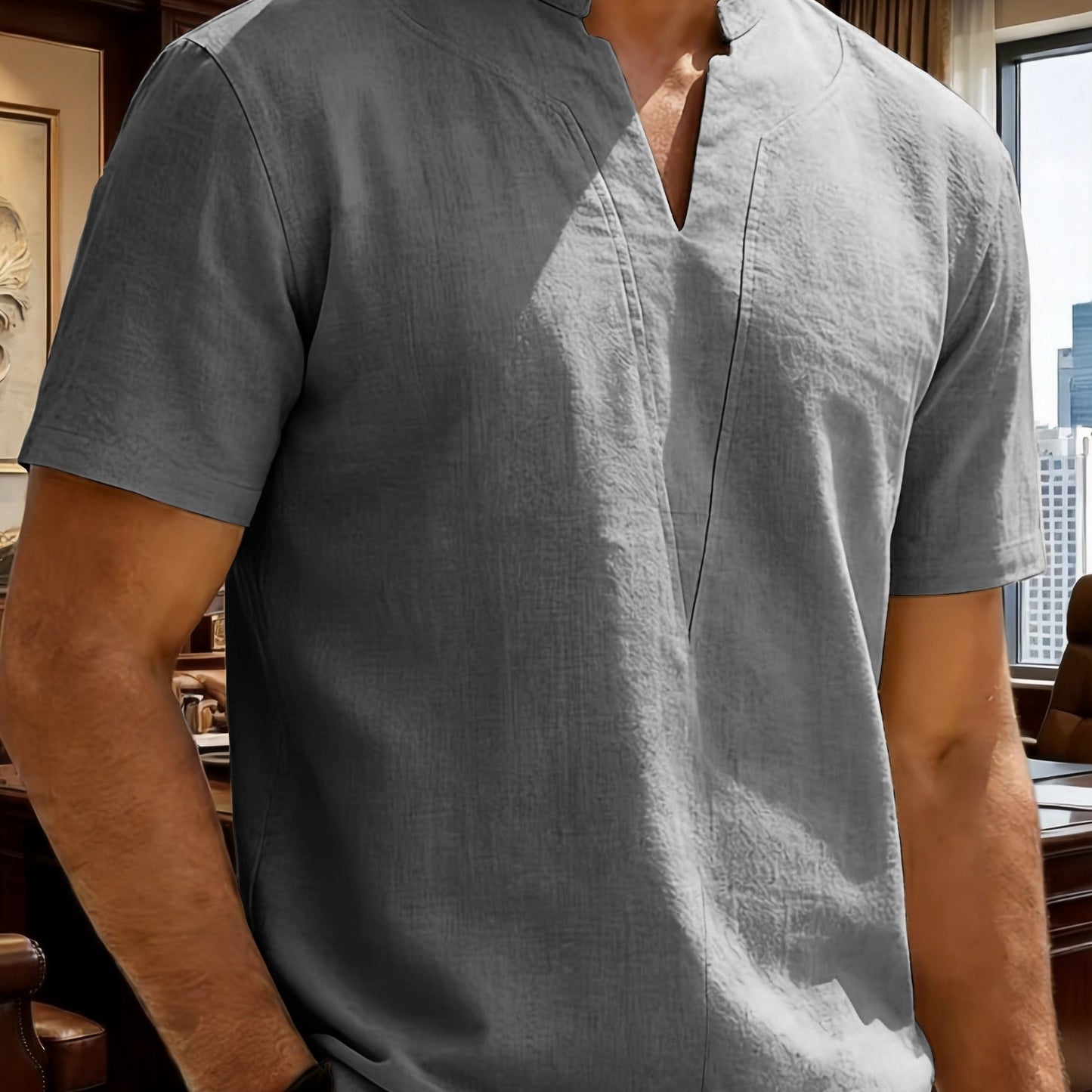 Grexric™ Camisa de Lino para Hombre con Cuello Mao y Corte Relajado