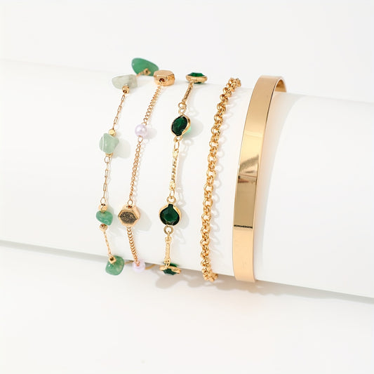 Aethique™ Set de 5 Pulseras Bohemias con Piedras Verdes y Detalles Vintage