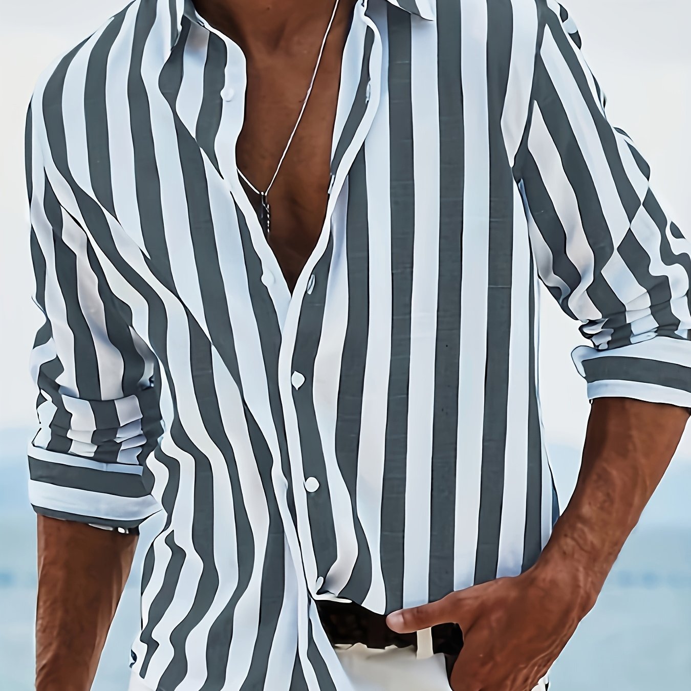 Kervik™ Camisa Tropical para Hombre de Manga Larga con Rayas y Cuello Clásico