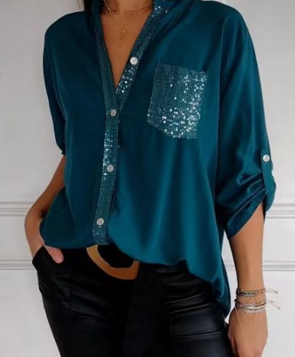 Hadley™ Top Casual de Patchwork con Lentejuelas Brillantes