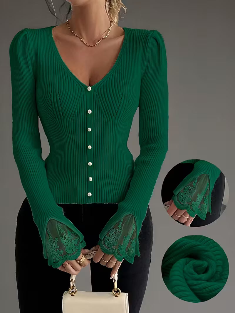Eviorenne™ Blusa de Canalé con Escote en V y Mangas de Encaje