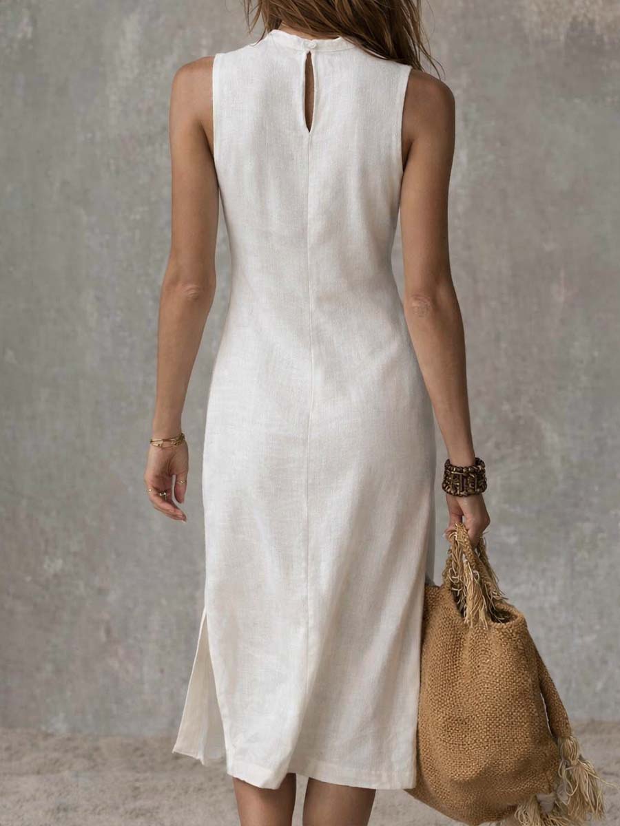 Brivyn™ Vestido Midi de Algodón y Lino con Cuello Alto y Dobladillo Abierto