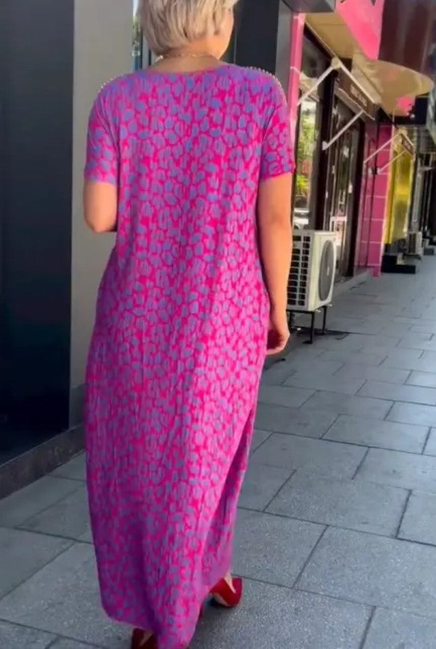 Leni™ Vestido rosa y morado con estampado floral y escote de diamante