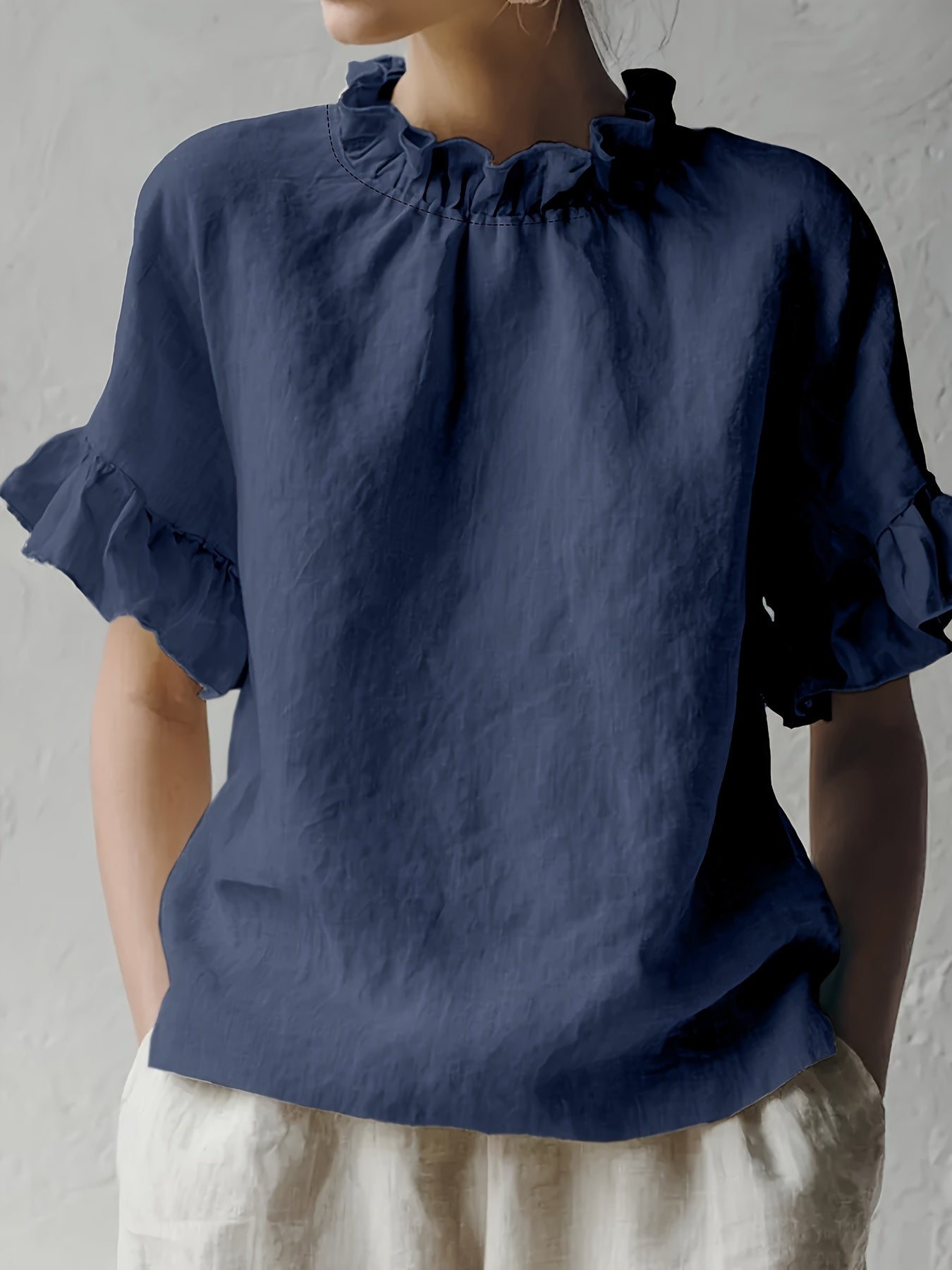 Yuna™ Blusa Casual de Color Sólido con Cuello Elegante
