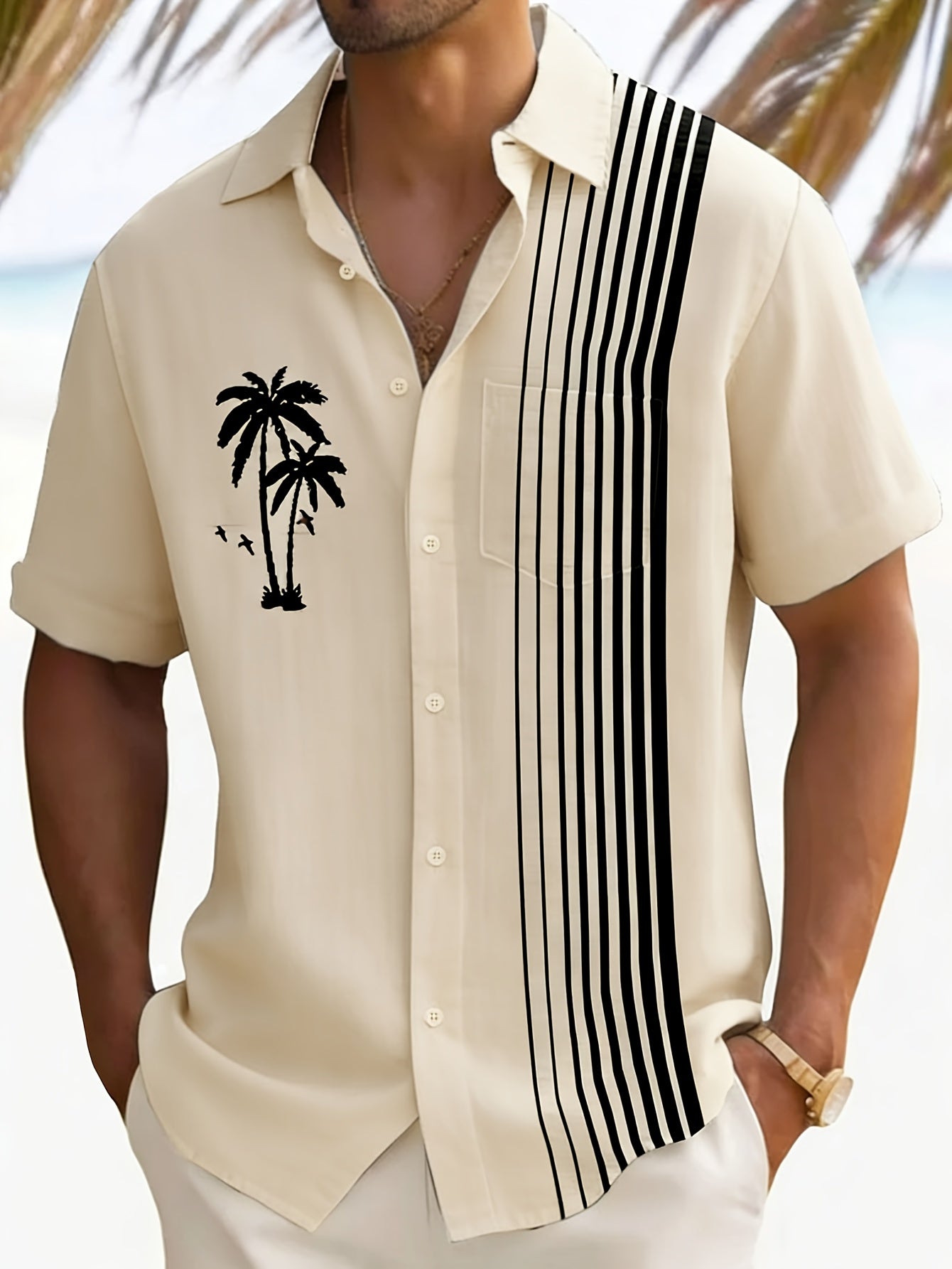 Javroni™ Camisa Tropical para Hombre con Estampado de Palmeras y Rayas