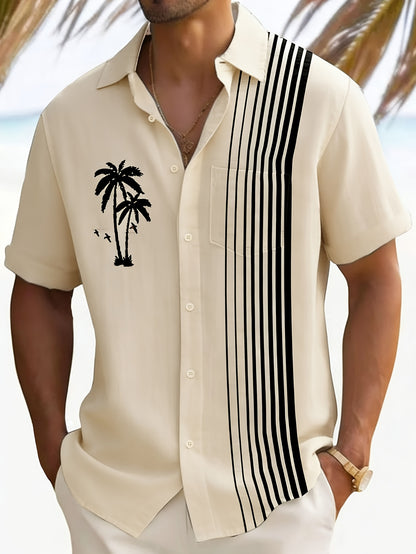 Javroni™ Camisa Tropical para Hombre con Estampado de Palmeras y Rayas