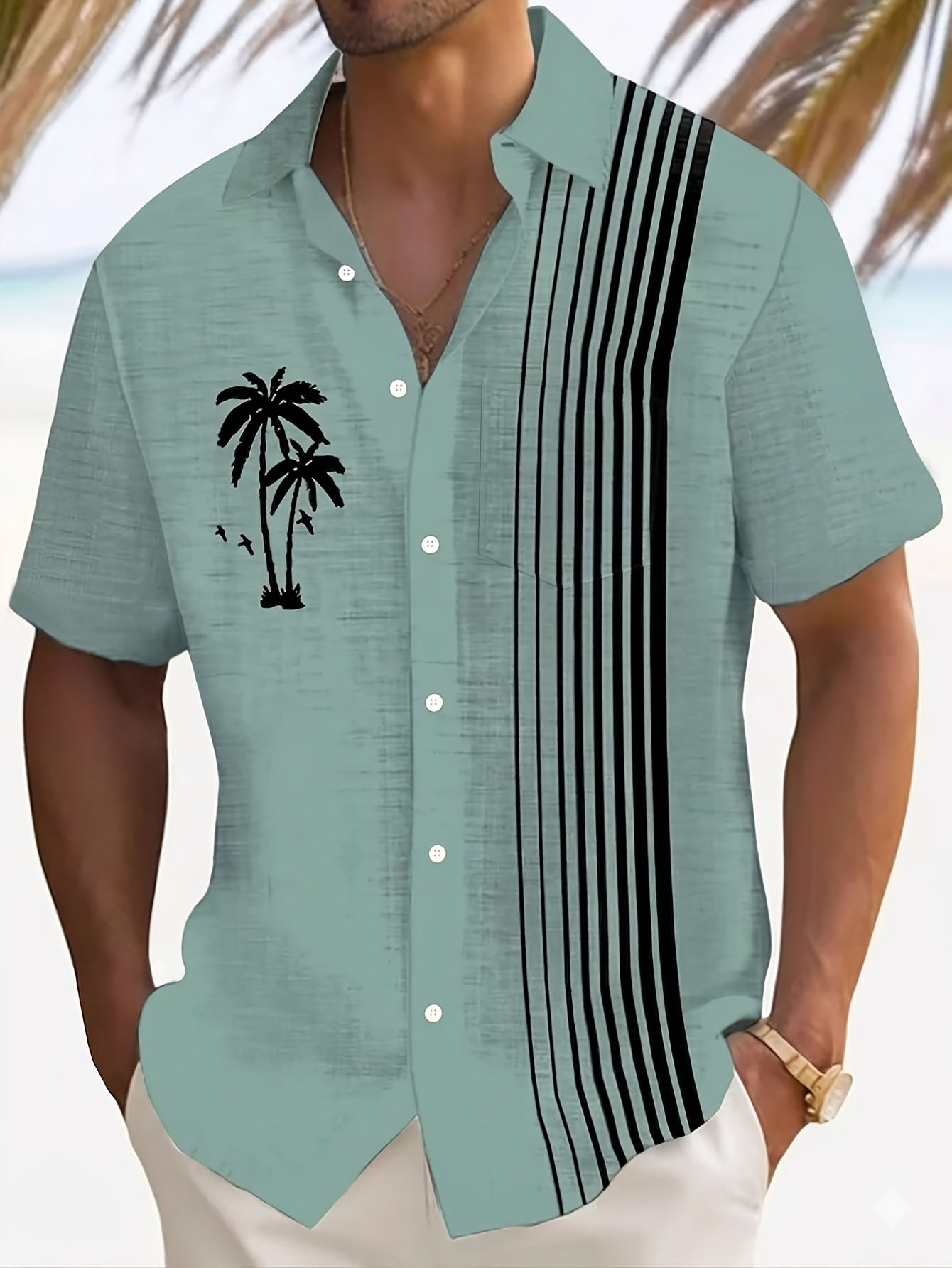 Javroni™ Camisa Tropical para Hombre con Estampado de Palmeras y Rayas