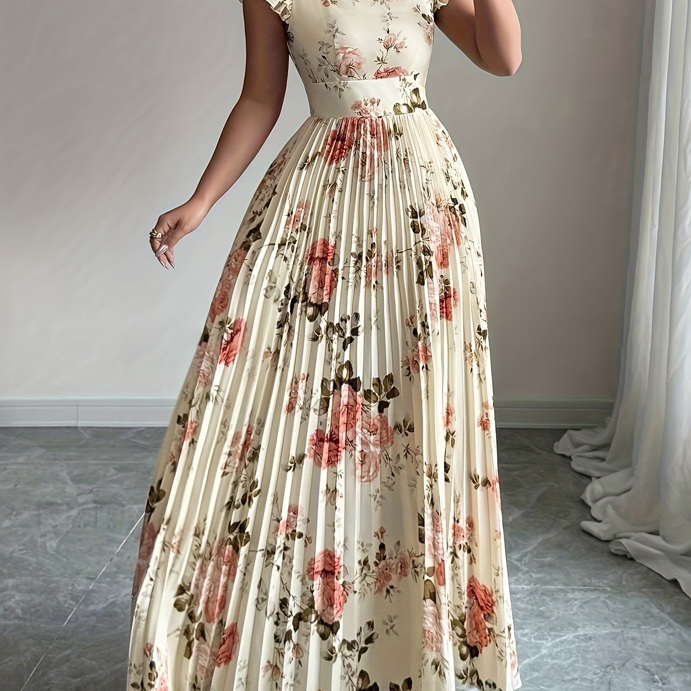 Oxeris | Vestido Largo Floral con Pliegues y Elegancia Atemporal