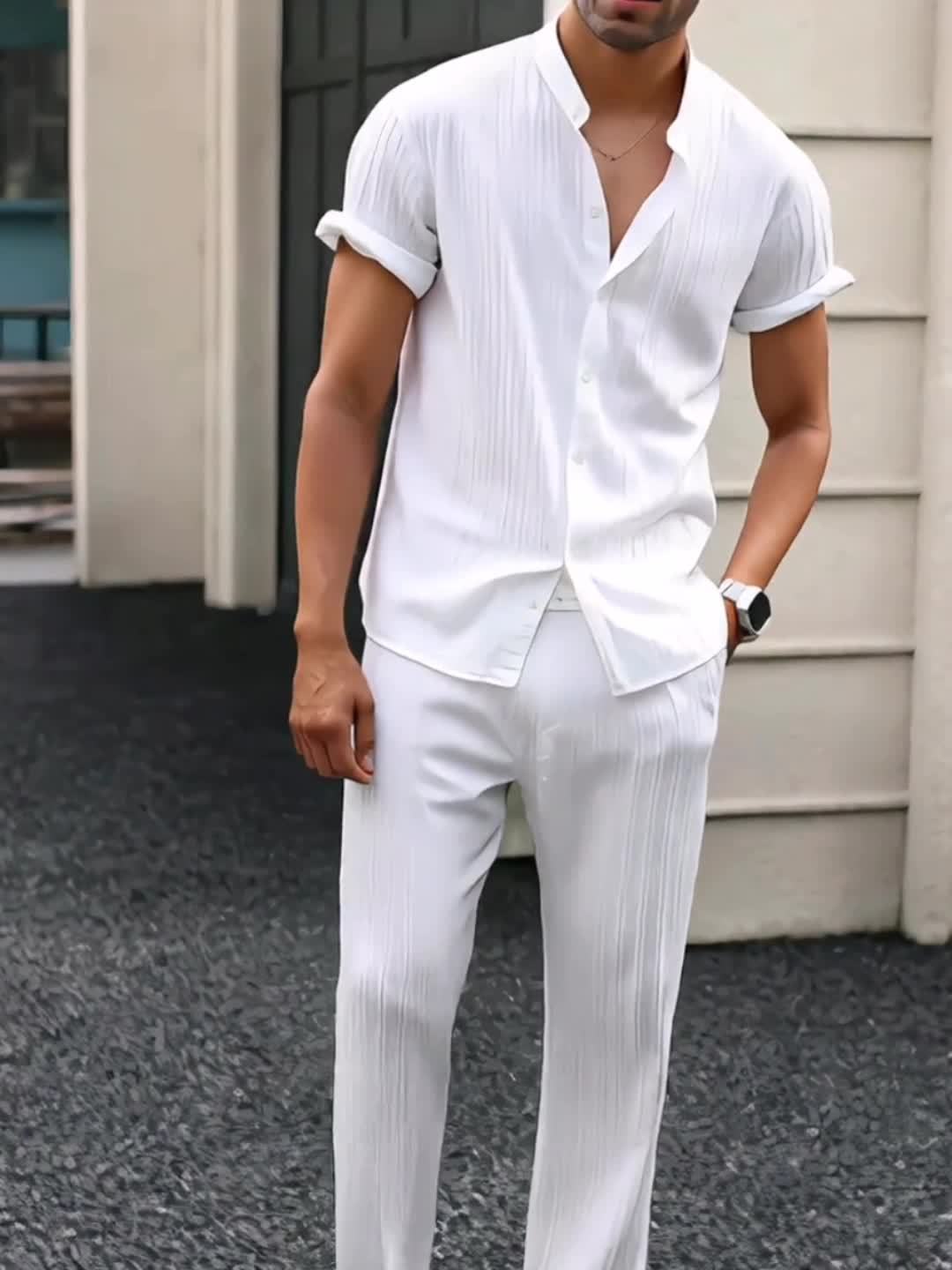 Kavaroq™ Conjunto de Verano para Hombre con Camisa de Cuello Mao y Pantalón con Cordón