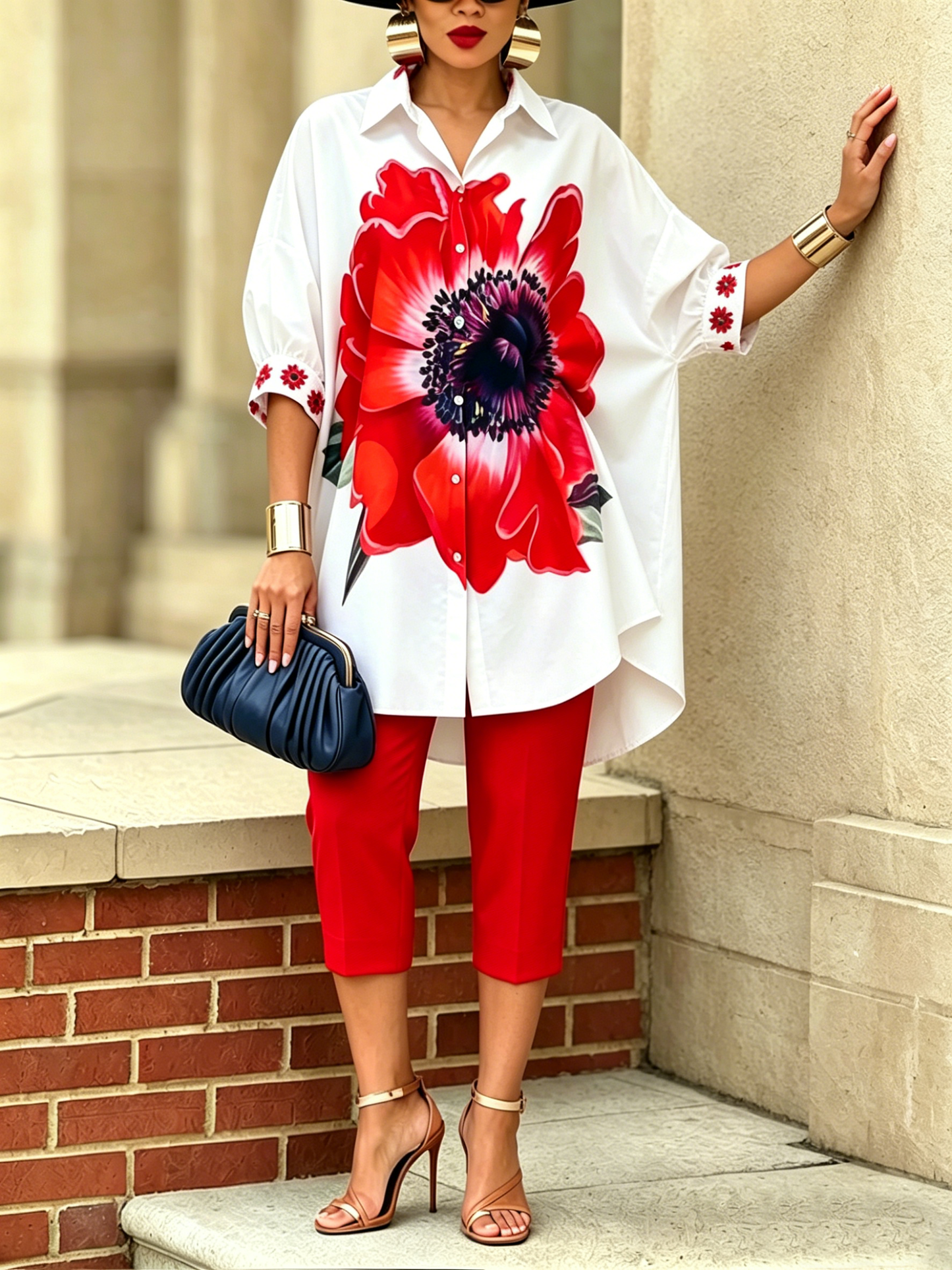 Dellira™ Conjunto artístico y estiloso de dos piezas con camisa y pantalones de flores