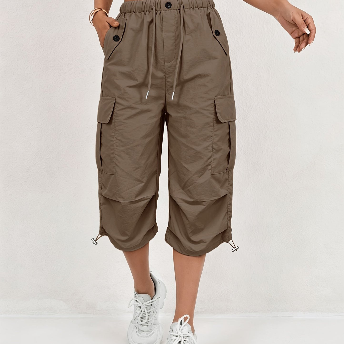 Mireille | Pantalones Capri Cargo de Secado Rápido para Mujer con Cintura Elástica y Cordón - Ligero y Elástico, Adecuado para - Pantalones de Exterior, Multi-Pantalones, Lavables a Máquina, Ajuste Suelto de Largo Medio para, Viajes, Vestimenta Casual