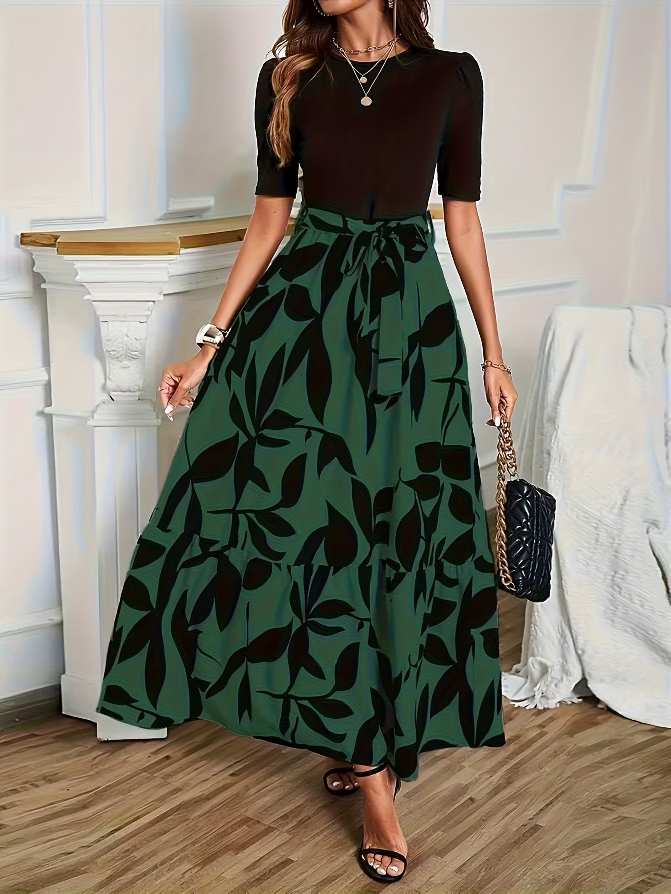 Vanya™ Vestido Midi Elegante con Estampado Geométrico y Mangas Abullonadas