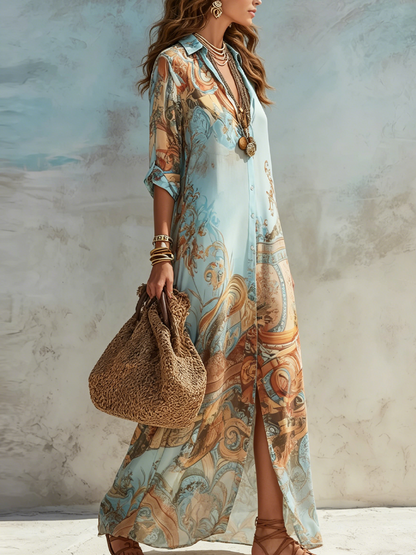Bellune™ Vestido Maxi de Chifón Azul Estilo Barroco con Flores