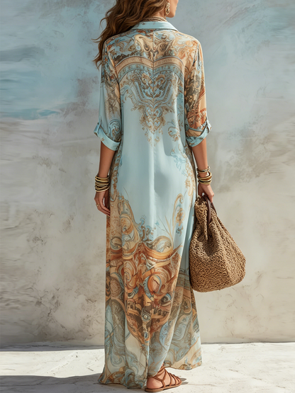 Bellune™ Vestido Maxi de Chifón Azul Estilo Barroco con Flores