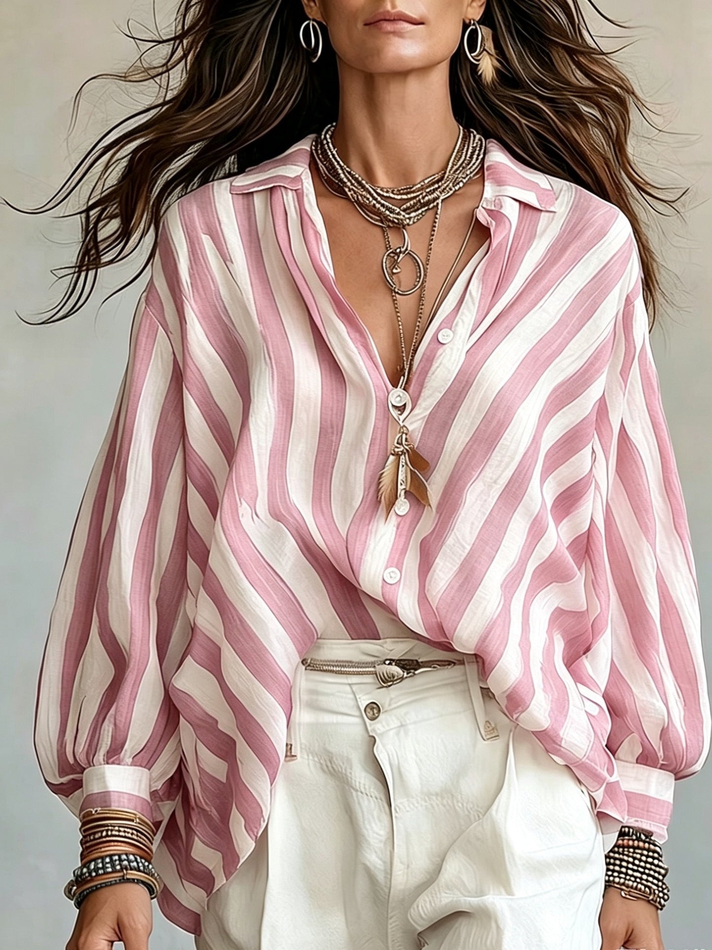 Rosetta | Camisa de Manga Larga de Estilo Retro a Rayas para Mujeres, Estilo Vacacional Suelto, Top de Playa Casual