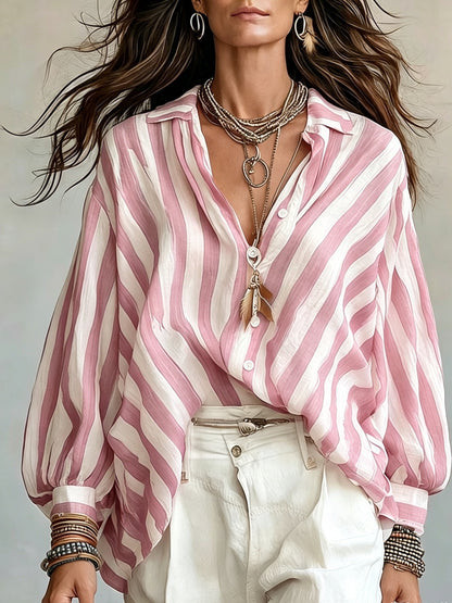 Rosetta | Camisa de Manga Larga de Estilo Retro a Rayas para Mujeres, Estilo Vacacional Suelto, Top de Playa Casual
