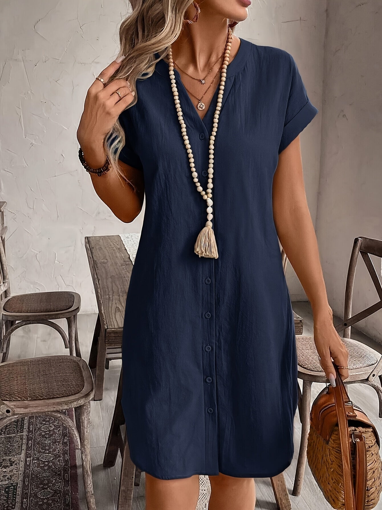 Celine™ Vestido Casual Suelto con Cuello en V y Botones