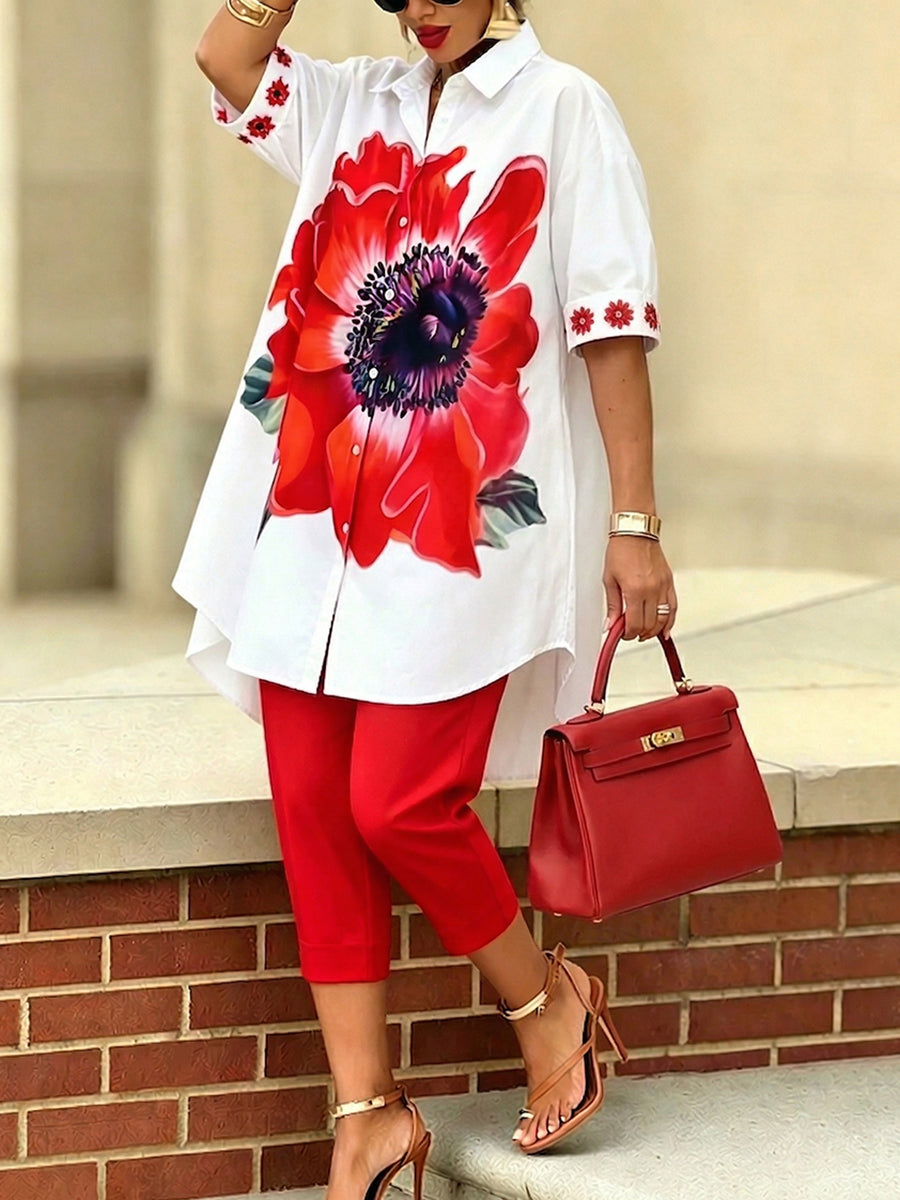 Dellira™ Conjunto artístico y estiloso de dos piezas con camisa y pantalones de flores