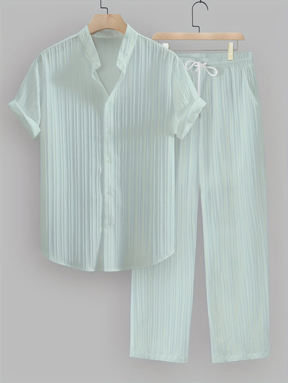 Kavaroq™ Conjunto de Verano para Hombre con Camisa de Cuello Mao y Pantalón con Cordón