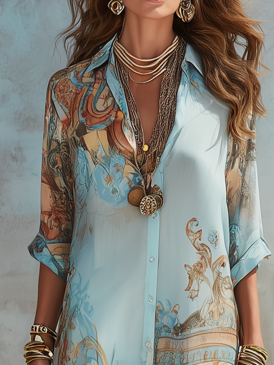 Bellune™ Vestido Maxi de Chifón Azul Estilo Barroco con Flores