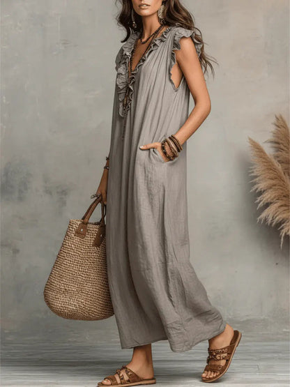 Hadira™ Vestido Casual de Algodón y Lino con Volantes y Estilo Artístico