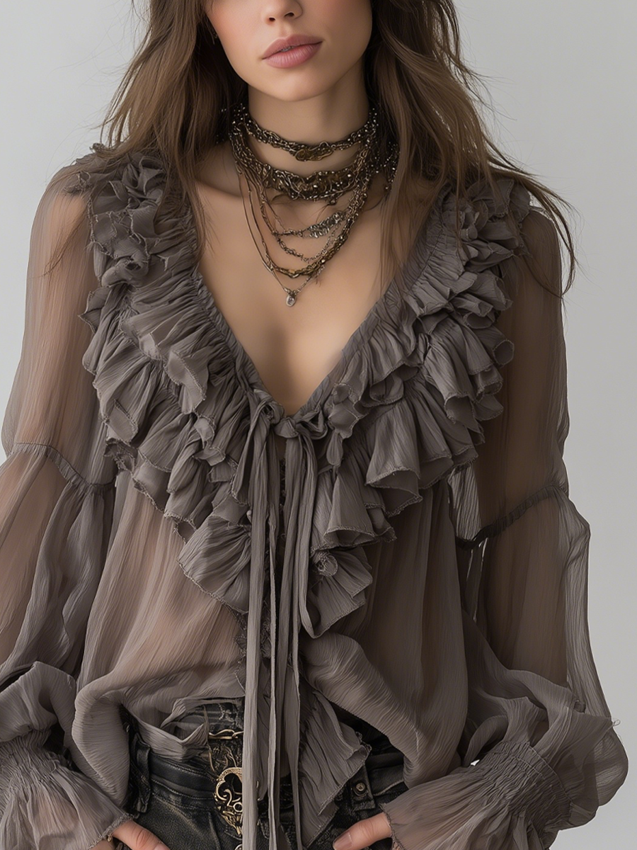 Hensira™ Camisa Gris Bohemia con Volantes