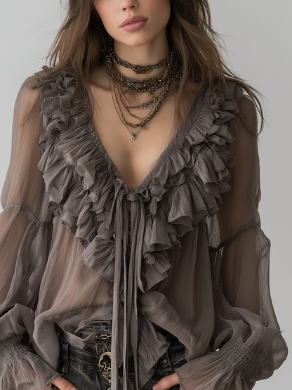 Hensira™ Camisa Gris Bohemia con Volantes