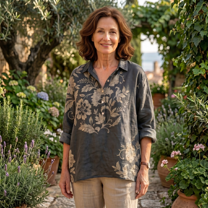 Gaia™ Blusa elegante de lino con estampado floral
