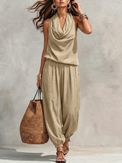 Allegra | Conjunto de Top Halter y Pantalón de Pierna Ancha con Textura de Lino