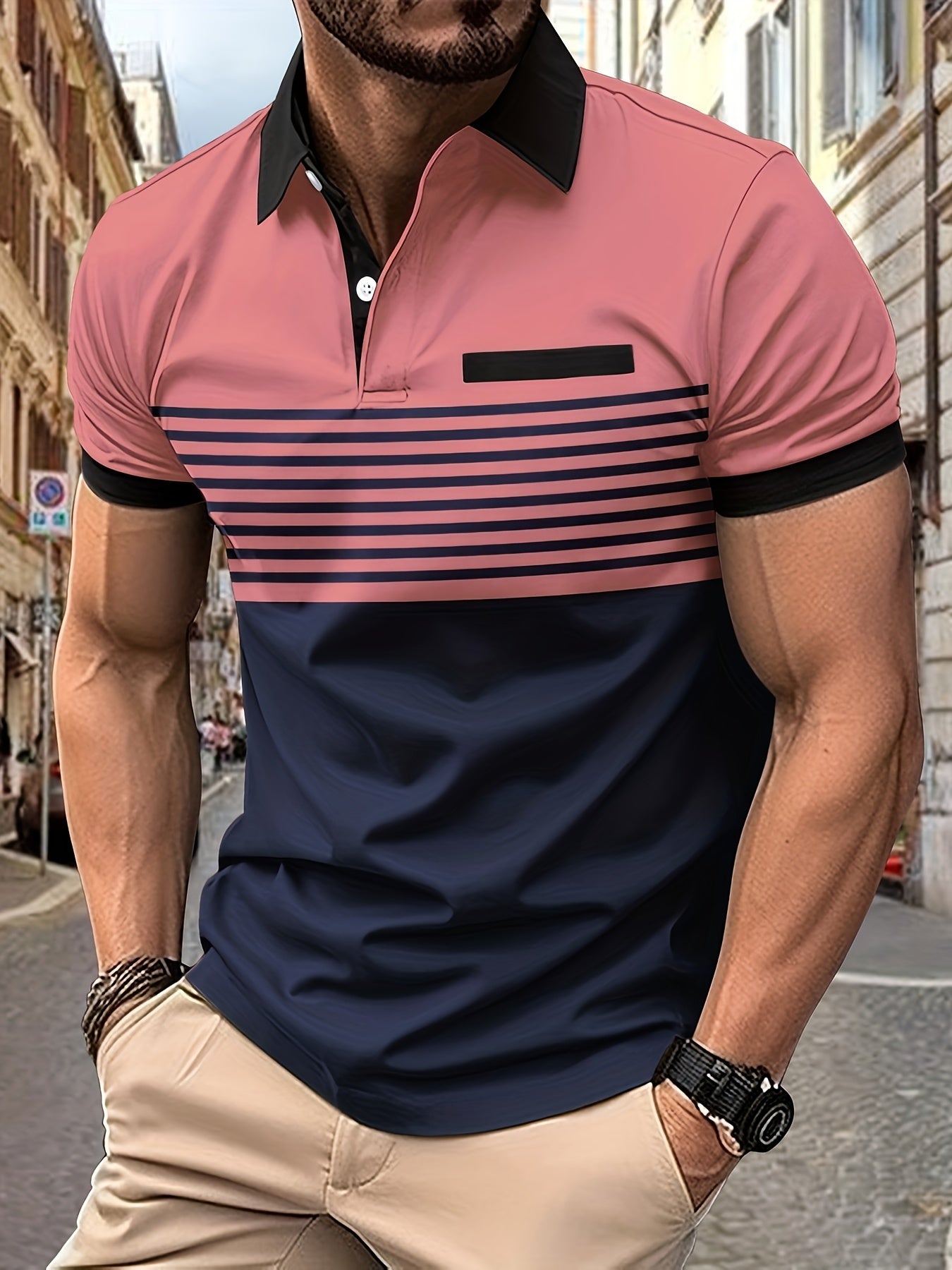 Korvexi™ Playera Casual para Hombre con Rayas Finas y Manga Corta