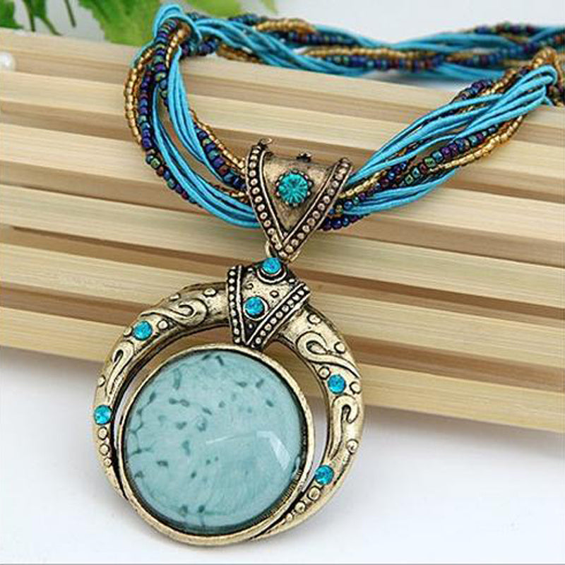 Jora™ Collar Bohemio con Colgante de Piedra Verde Marmoleada