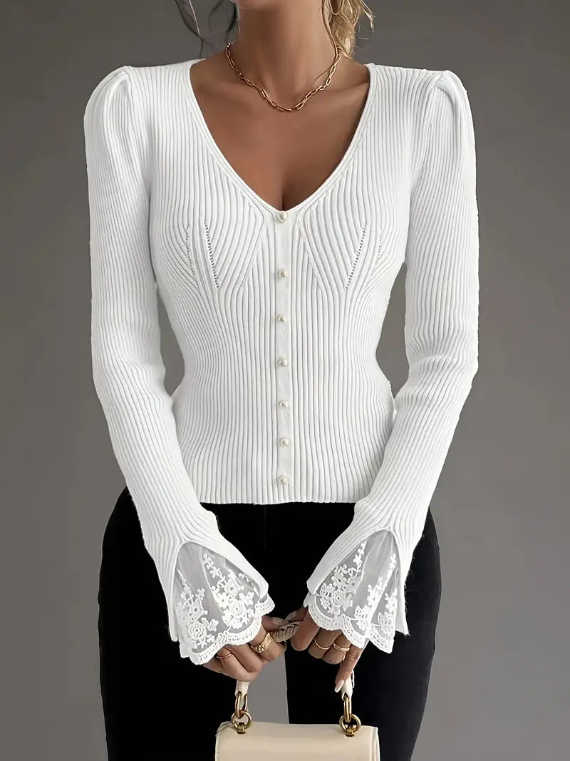 Eviorenne™ Blusa de Canalé con Escote en V y Mangas de Encaje
