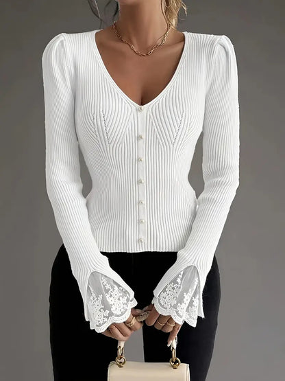 Eviorenne™ Blusa de Canalé con Escote en V y Mangas de Encaje