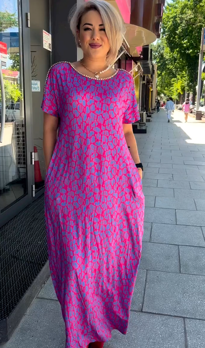 Leni™ Vestido rosa y morado con estampado floral y escote de diamante