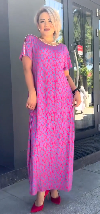 Leni™ Vestido rosa y morado con estampado floral y escote de diamante