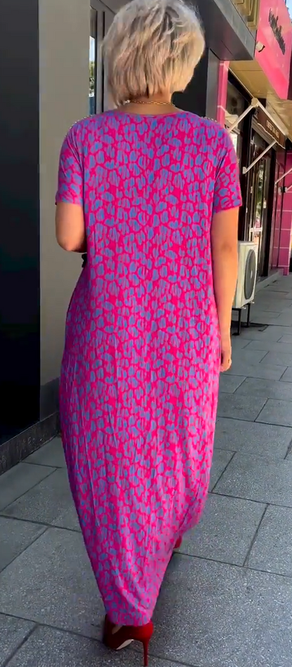 Leni™ Vestido rosa y morado con estampado floral y escote de diamante