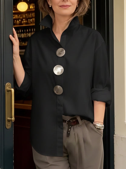 Davinae™ Blusa elegante de algodón y lino con cuello y botones metálicos