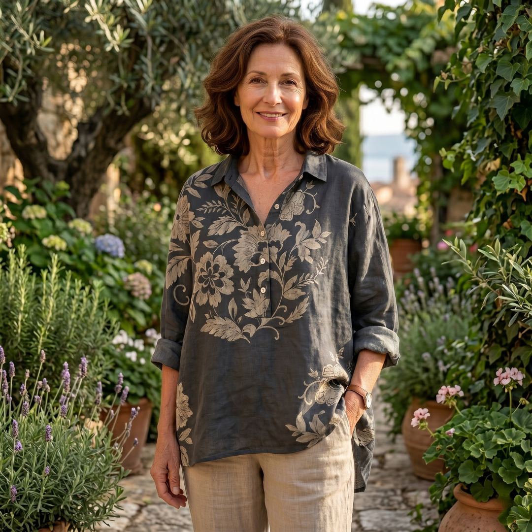 Gaia™ Blusa elegante de lino con estampado floral