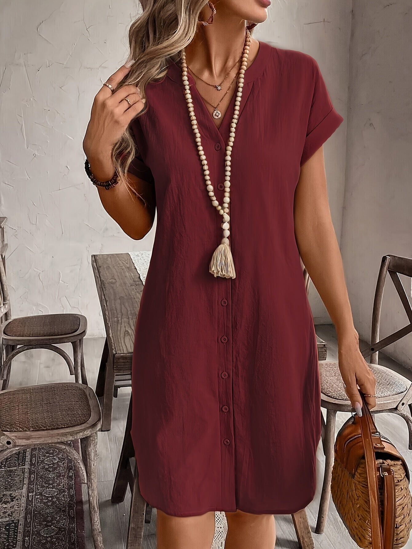 Celine™ Vestido Casual Suelto con Cuello en V y Botones