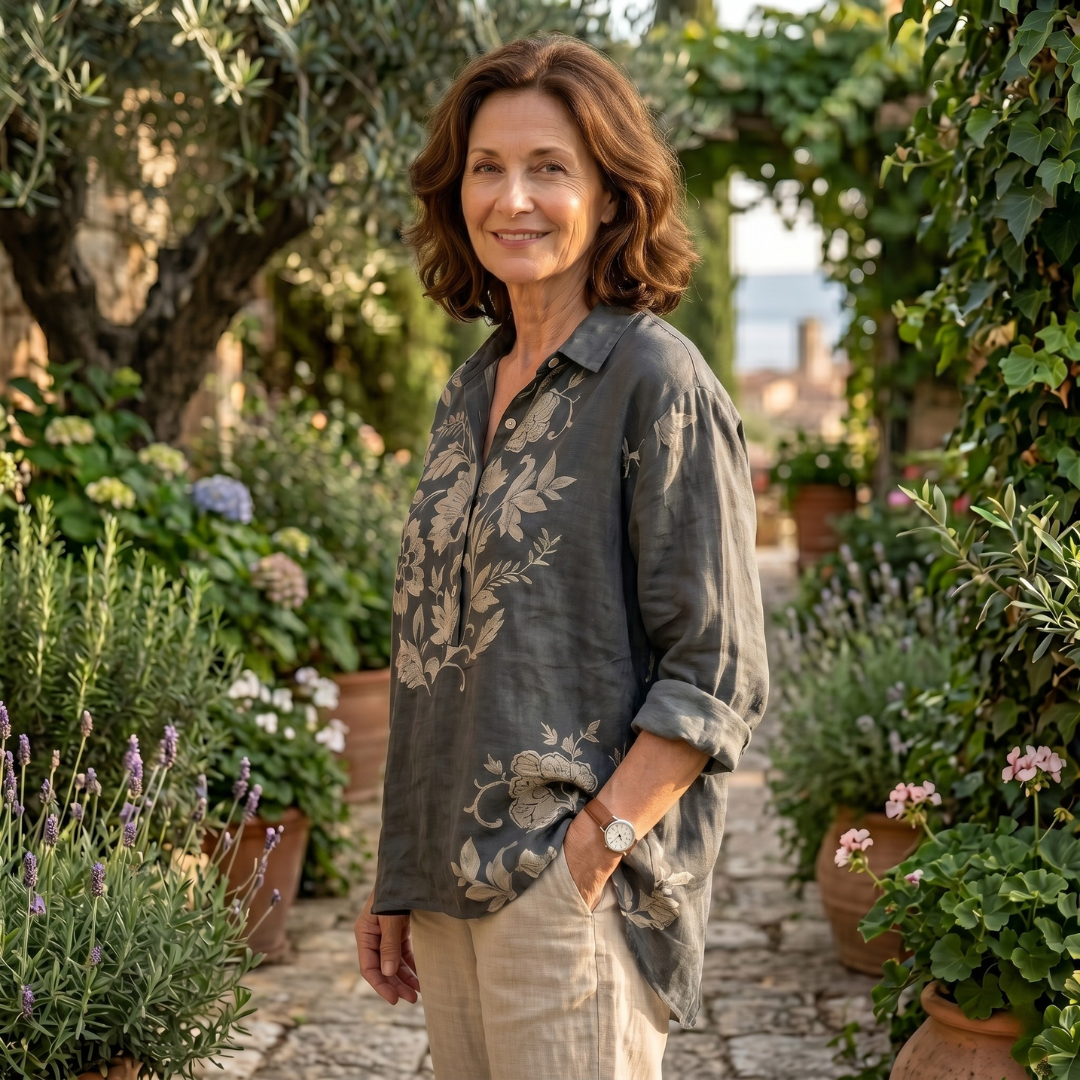 Gaia™ Blusa elegante de lino con estampado floral
