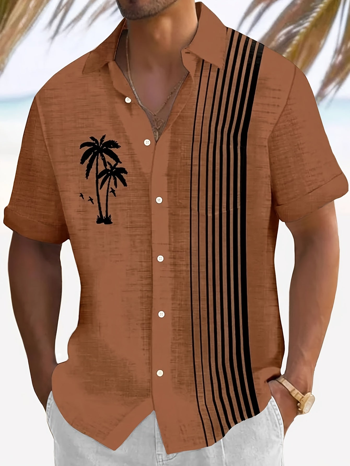 Javroni™ Camisa Tropical para Hombre con Estampado de Palmeras y Rayas
