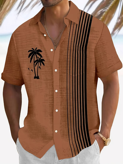 Javroni™ Camisa Tropical para Hombre con Estampado de Palmeras y Rayas