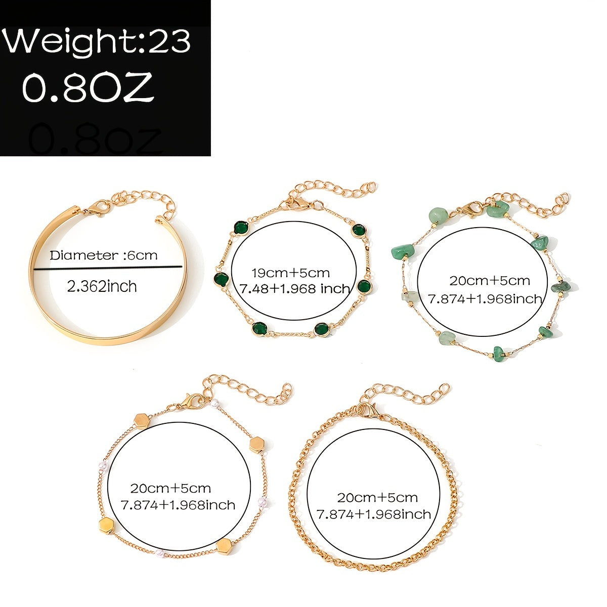 Aethique™ Set de 5 Pulseras Bohemias con Piedras Verdes y Detalles Vintage