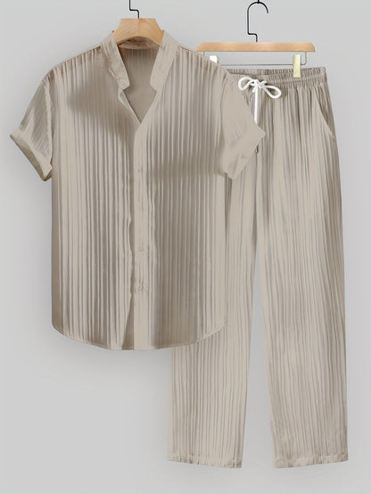 Kavaroq™ Conjunto de Verano para Hombre con Camisa de Cuello Mao y Pantalón con Cordón