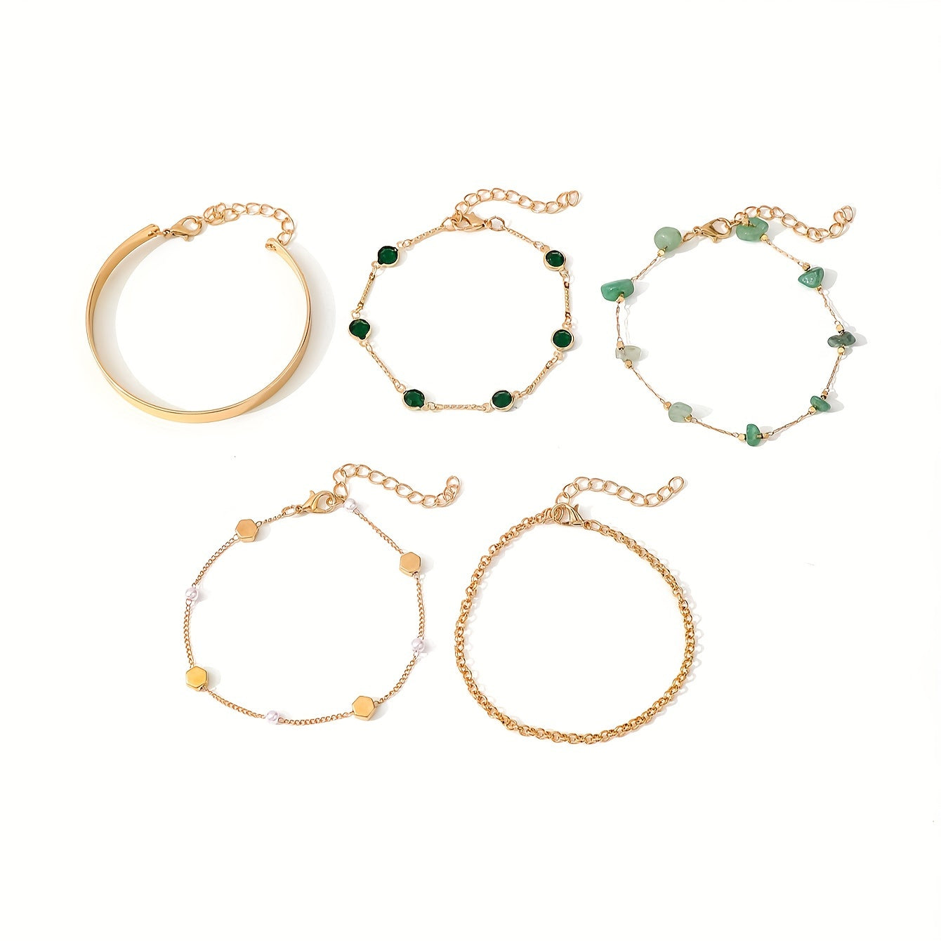 Aethique™ Set de 5 Pulseras Bohemias con Piedras Verdes y Detalles Vintage