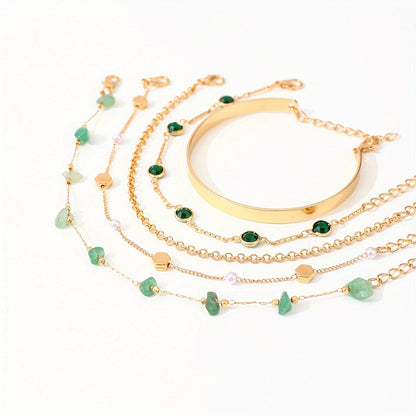 Aethique™ Set de 5 Pulseras Bohemias con Piedras Verdes y Detalles Vintage