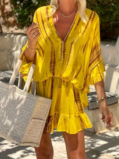 Ainsley | Vestido Suelto de Chifón con Manga Murciélago y Estampado de Rhinestones en V para Mujeres