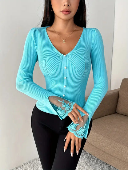 Eviorenne™ Blusa de Canalé con Escote en V y Mangas de Encaje