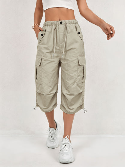 Mireille | Pantalones Capri Cargo de Secado Rápido para Mujer con Cintura Elástica y Cordón - Ligero y Elástico, Adecuado para - Pantalones de Exterior, Multi-Pantalones, Lavables a Máquina, Ajuste Suelto de Largo Medio para, Viajes, Vestimenta Casual