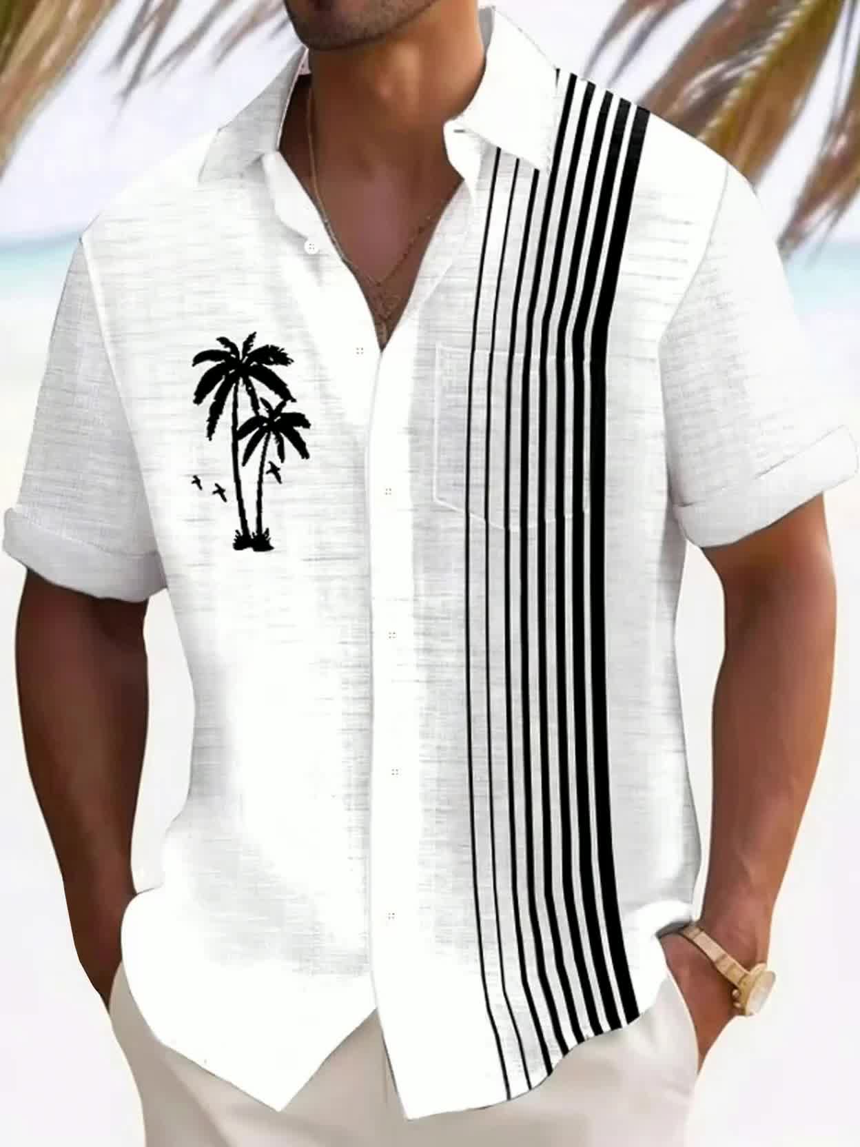 Javroni™ Camisa Tropical para Hombre con Estampado de Palmeras y Rayas